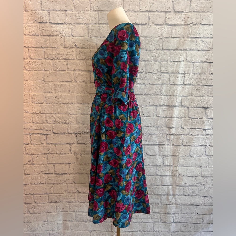Vintage 60s Dress Handmade Midi Blue Pink Floral w Belt Garden Winter Fall - Picture 8 of 13